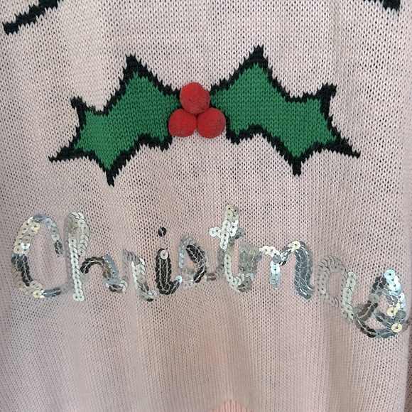 Juniors Christmas Cat Sweater Light Pink XXL (2XG) 19 Sequins & Pom Poms - Picture 6 of 8